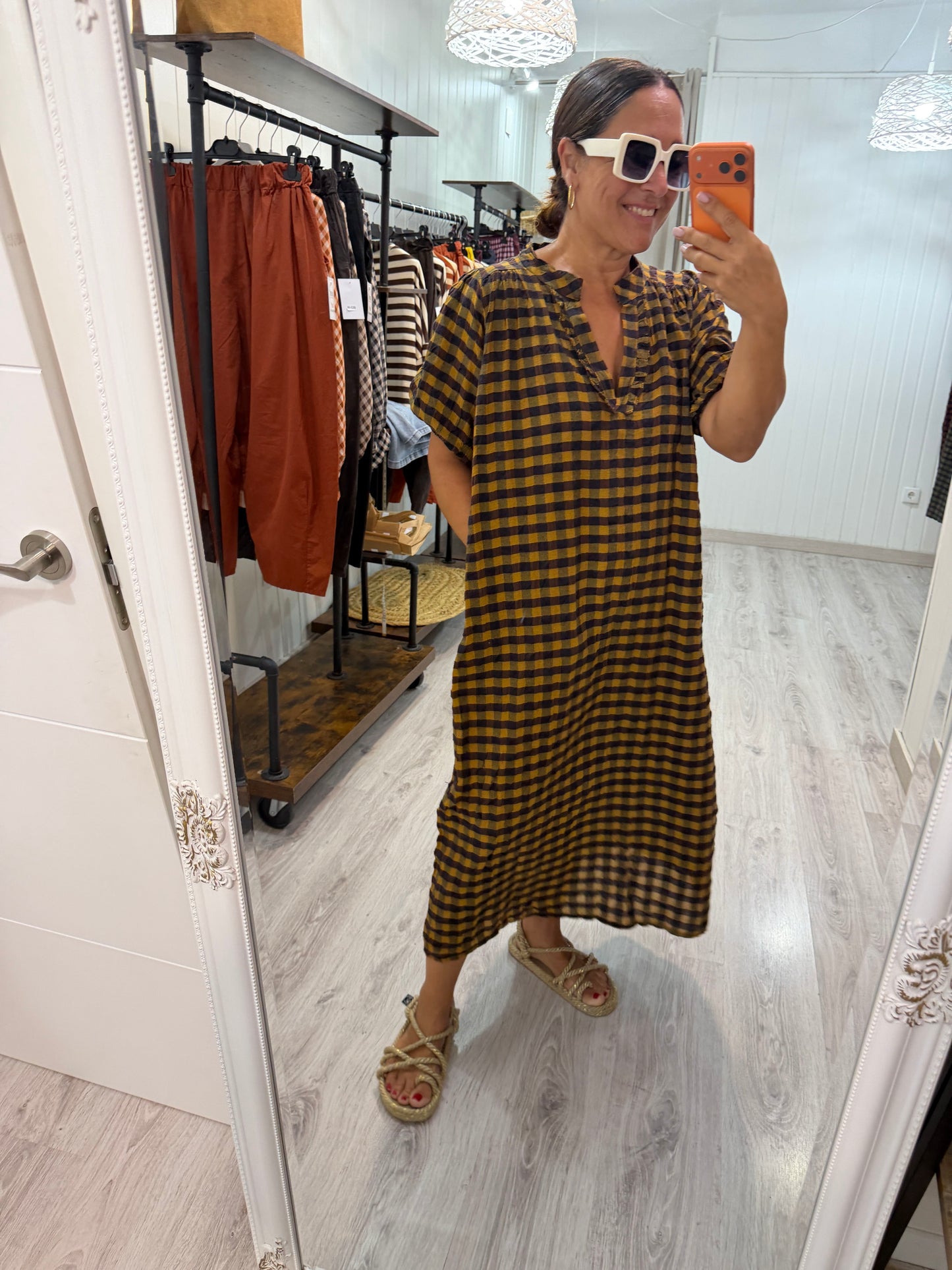 Vestido Puglia vichy mostaza y chocolate