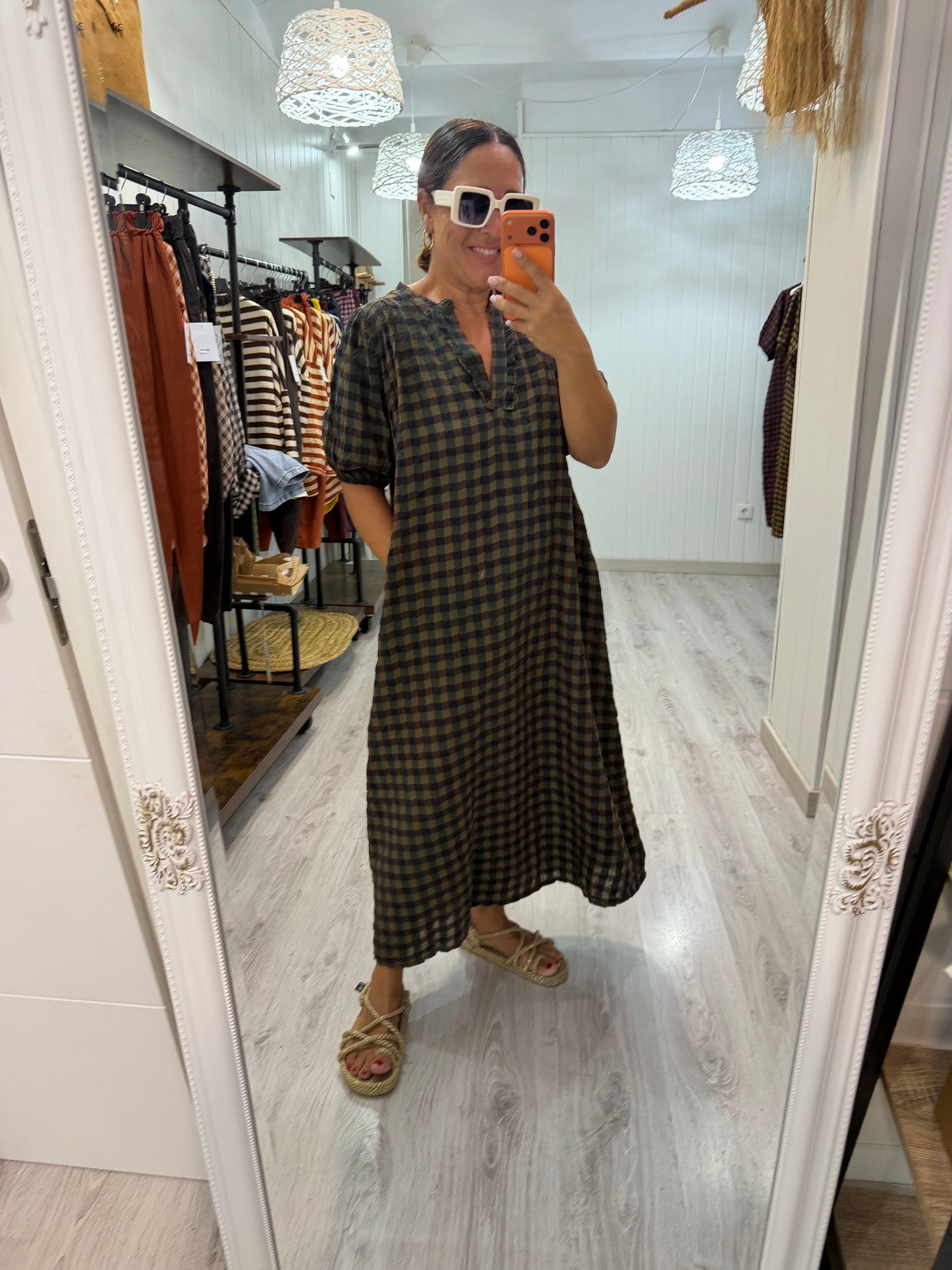 Vestido Puglia vichy verde y chocolate