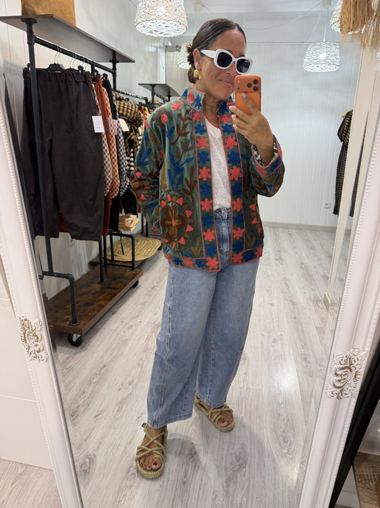 Chaqueta Suzani terciopelo verde, petróleo, marrón y coral