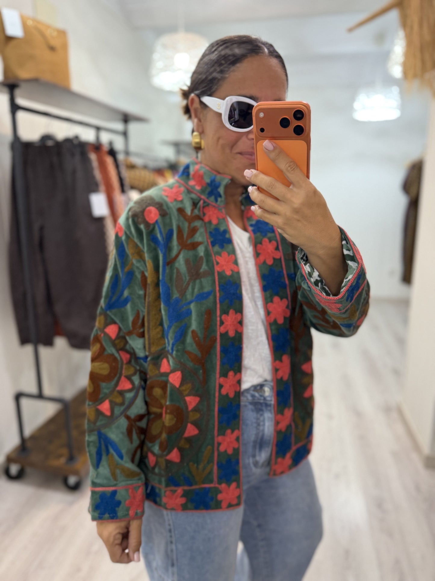 Chaqueta Suzani terciopelo verde, petróleo, marrón y coral