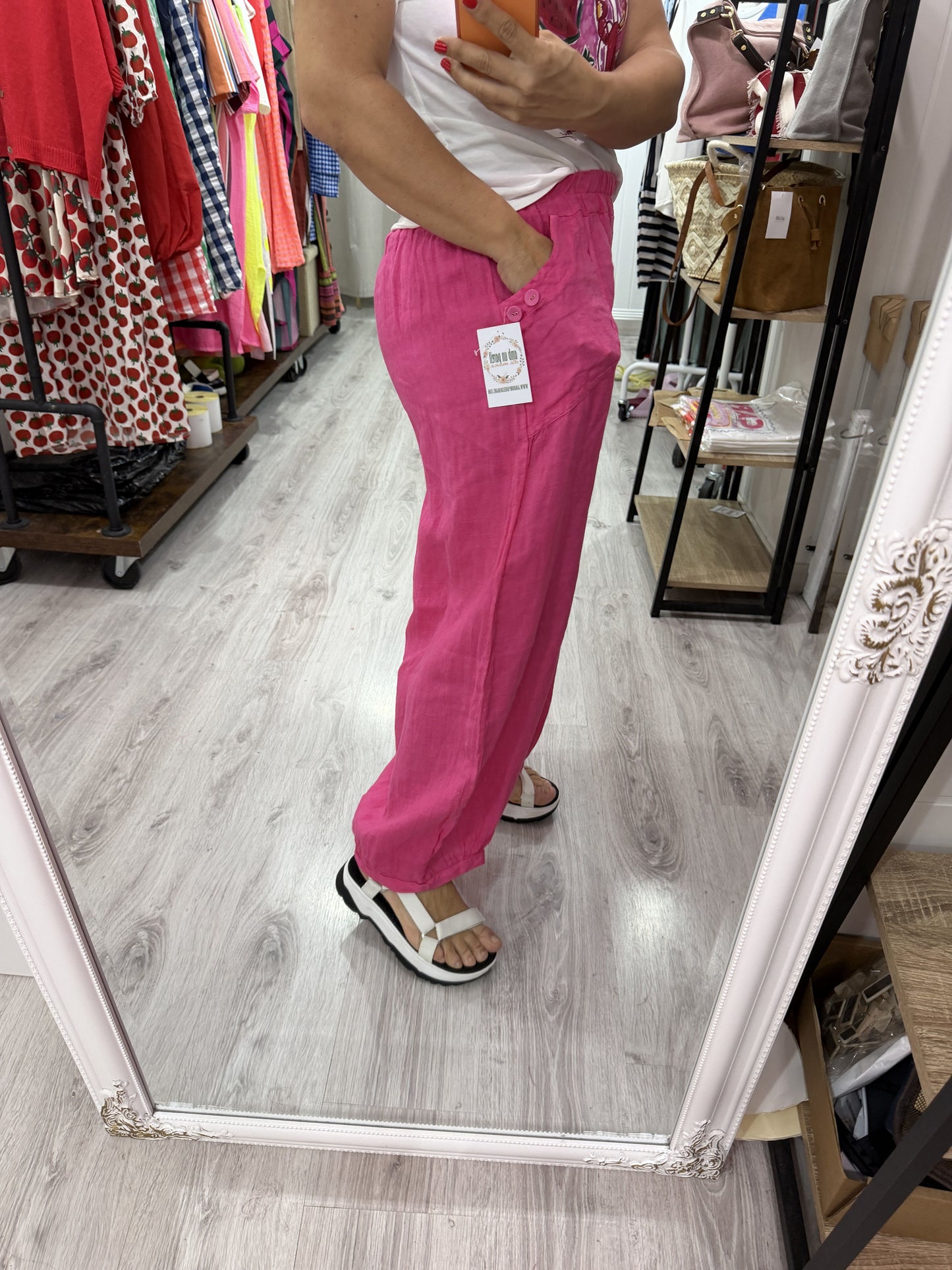 Pantalón Lino Botoncitos fucsia