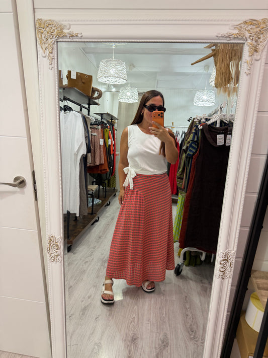 Falda Vichy fluor taupe y coral