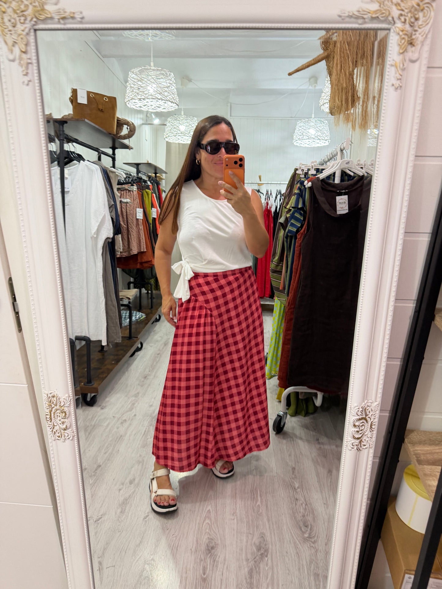 Falda Vichy contrastes burdeos y rosa