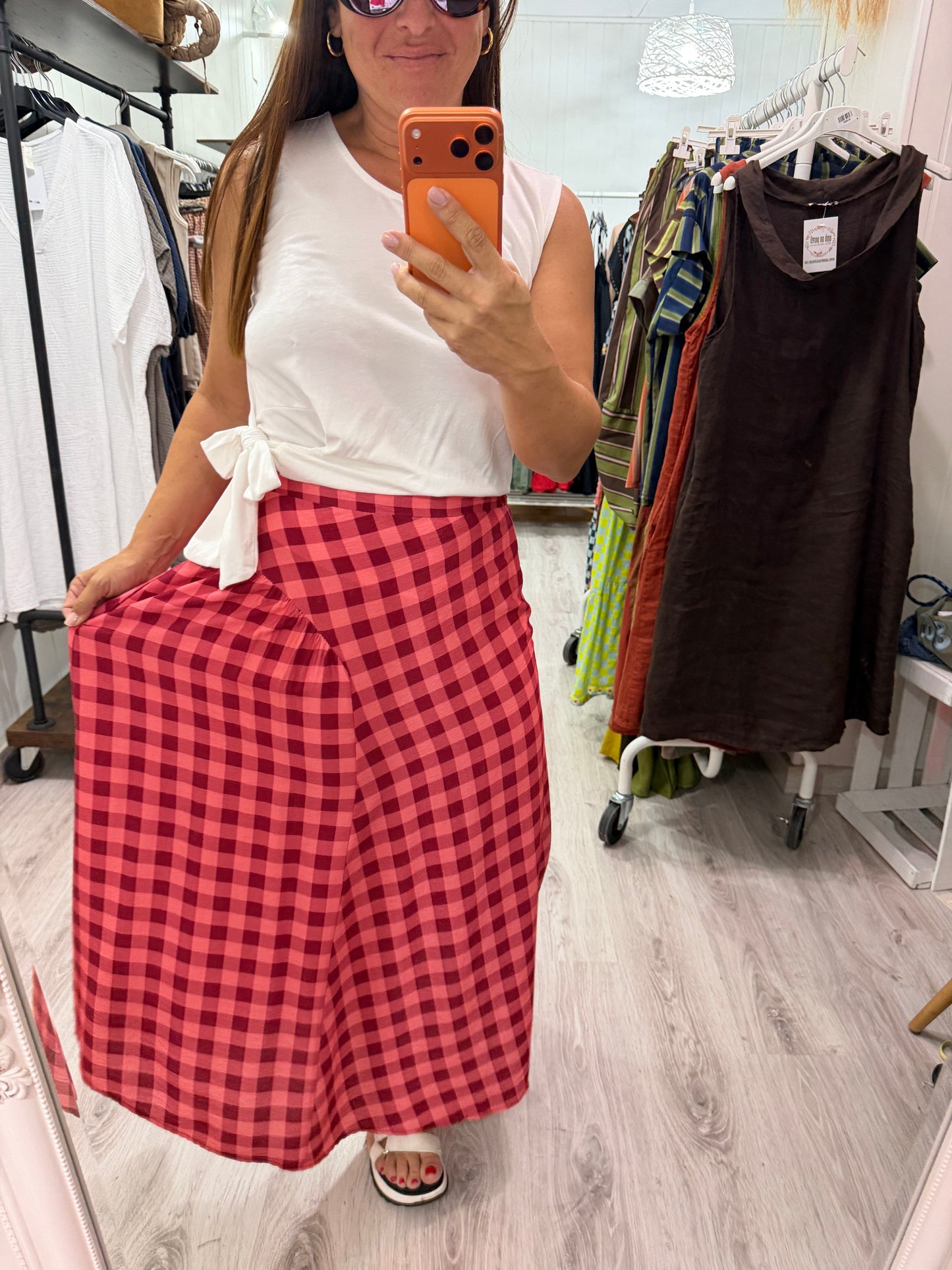 Falda Vichy contrastes burdeos y rosa