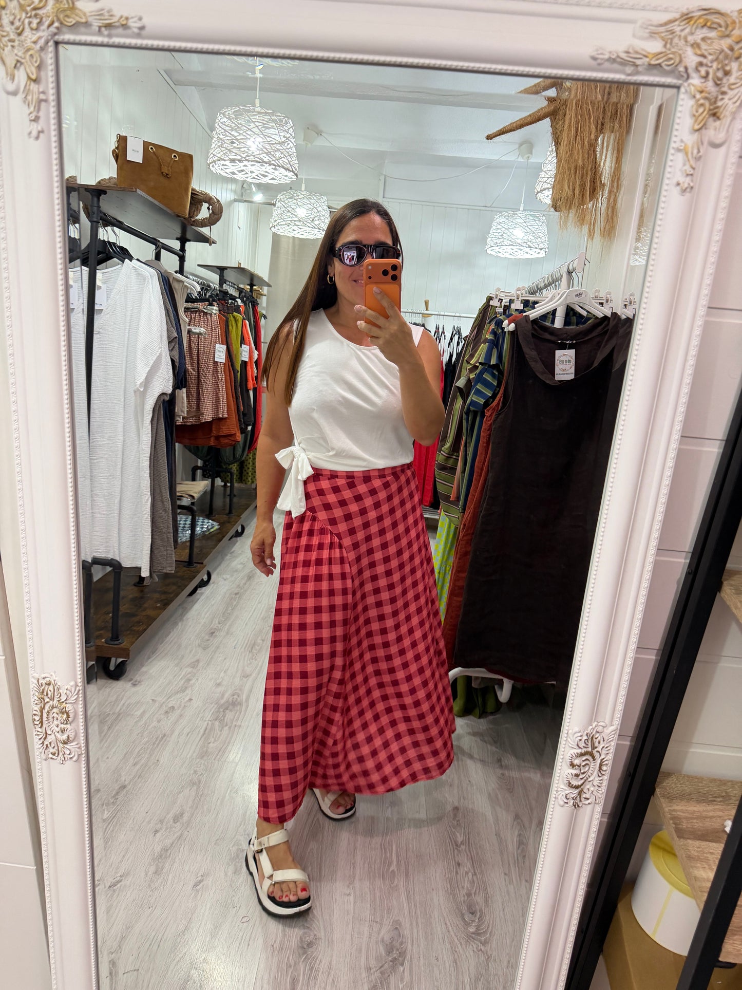 Falda Vichy contrastes burdeos y rosa