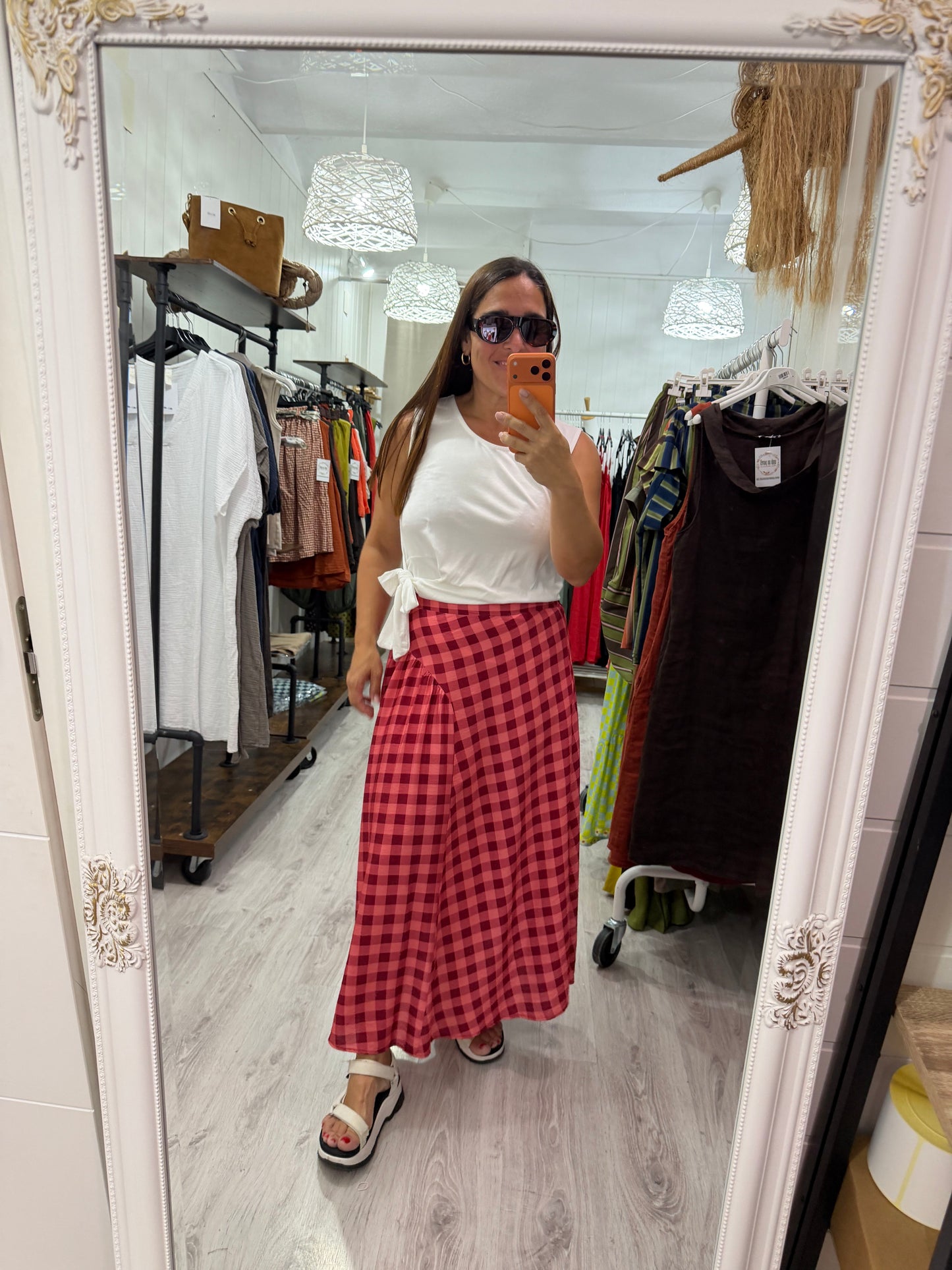 Falda Vichy contrastes burdeos y rosa