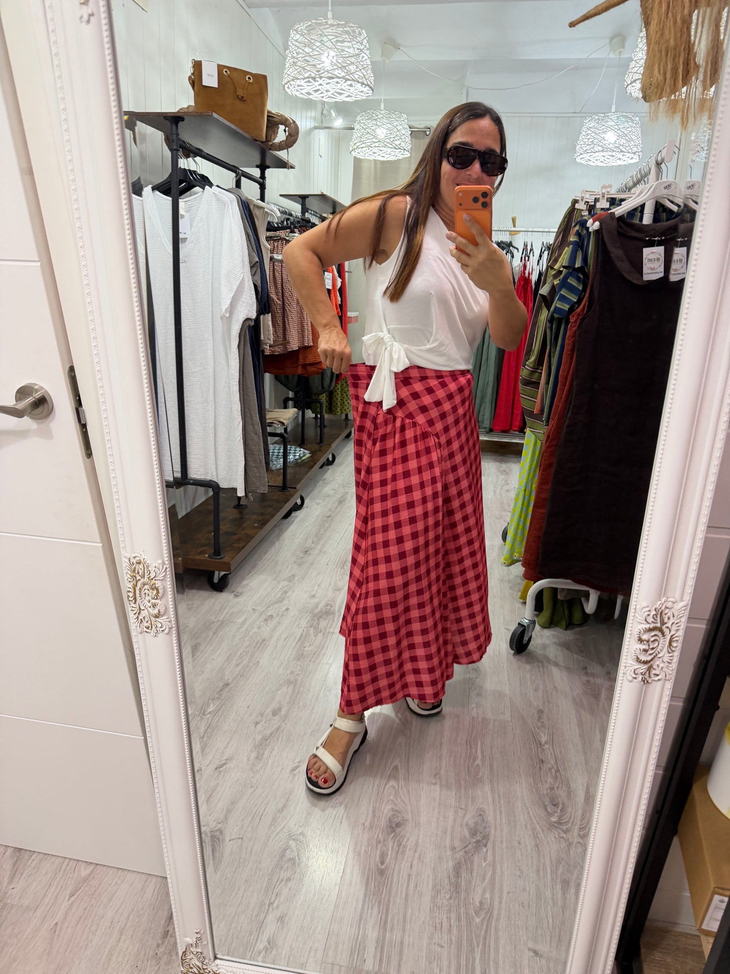 Falda Vichy contrastes burdeos y rosa