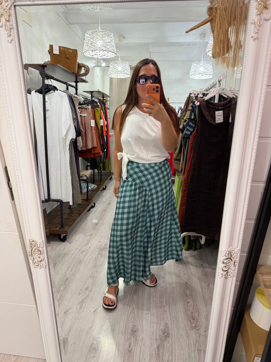 Falda Vichy contrastes mint y petróleo
