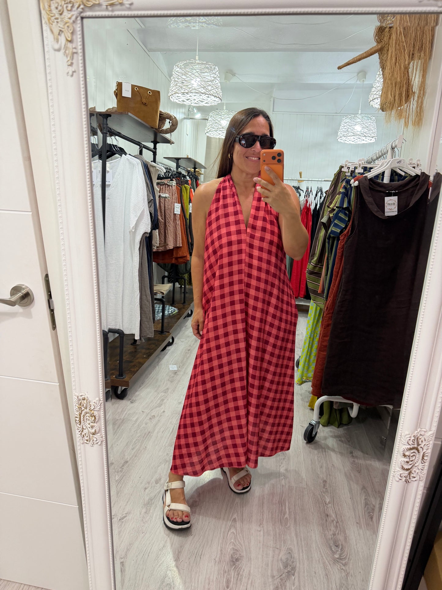 Vestido Vichy contrastes burdeos y rosa