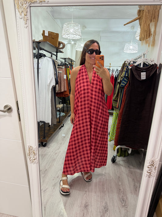 Vestido Vichy contrastes burdeos y rosa