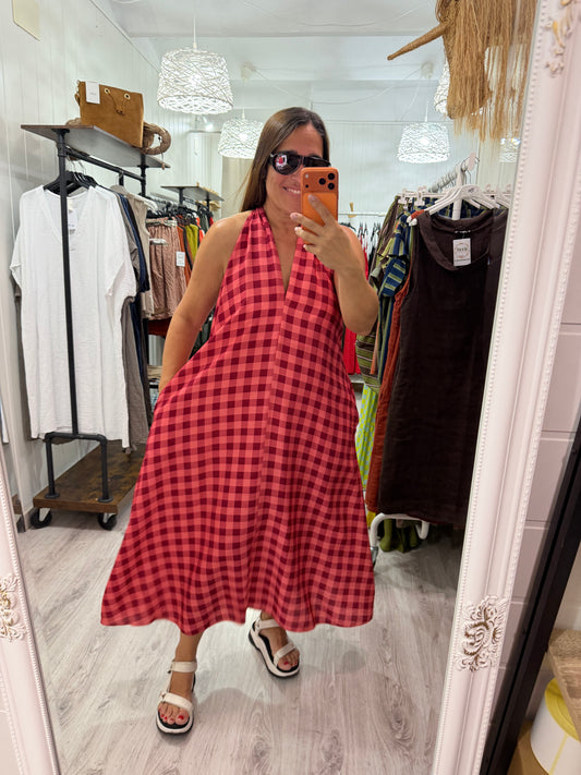 Vestido Vichy contrastes burdeos y rosa