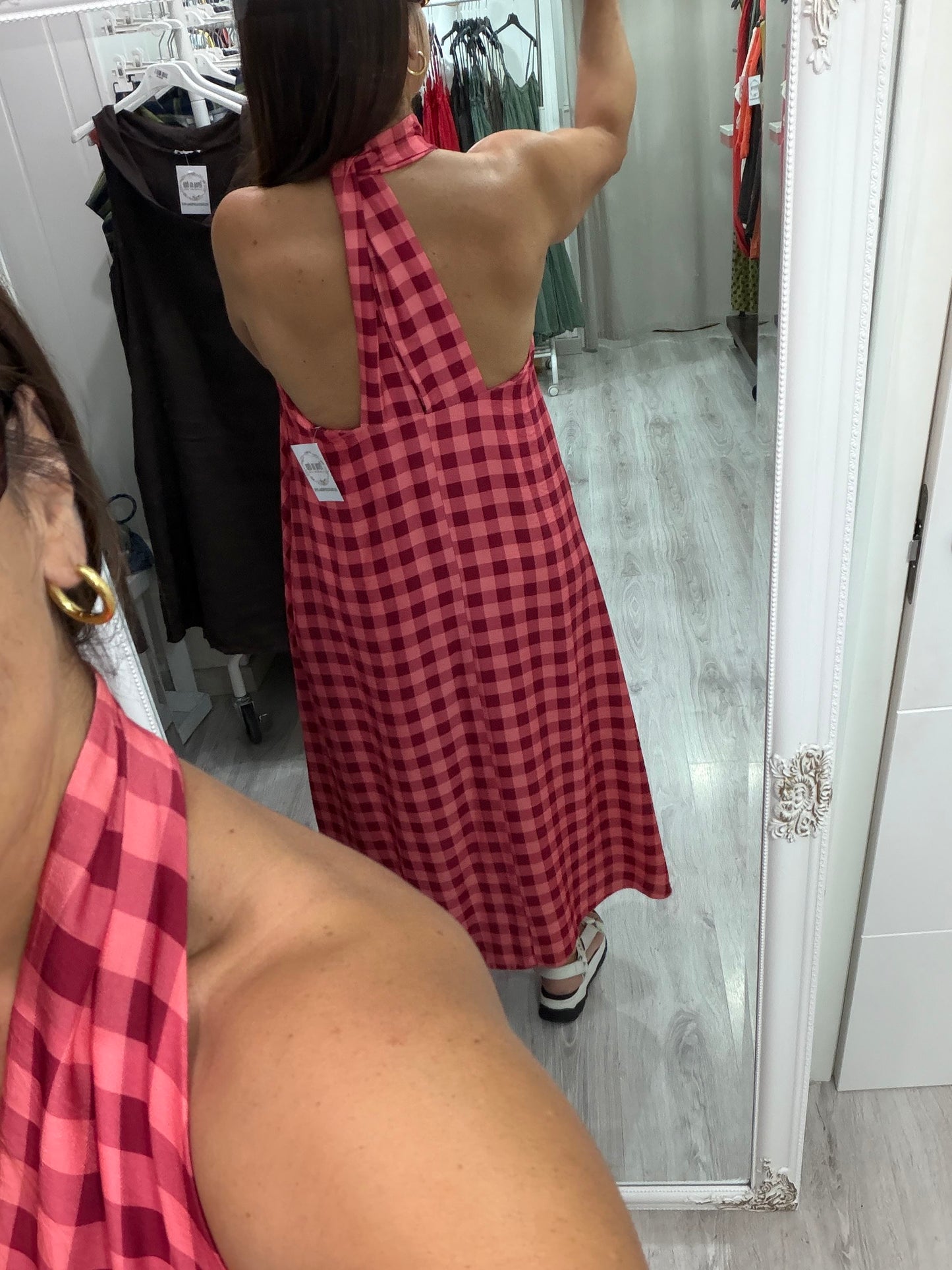 Vestido Vichy contrastes burdeos y rosa