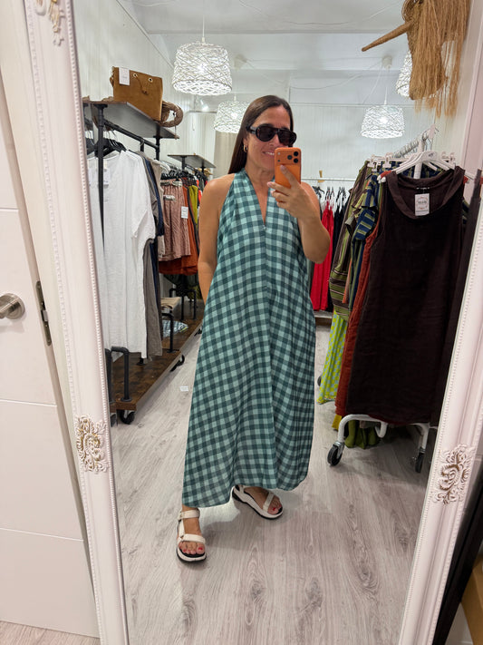 Vestido Vichy contrastes mint y petróleo