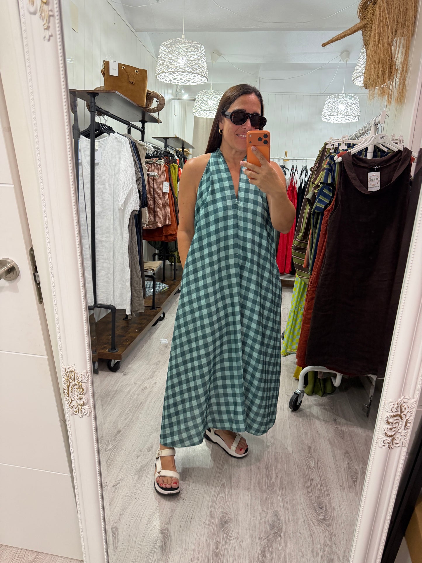 Vestido Vichy contrastes mint y petróleo