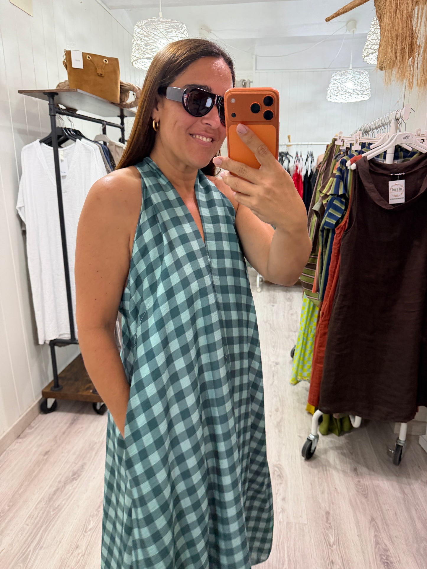 Vestido Vichy contrastes mint y petróleo