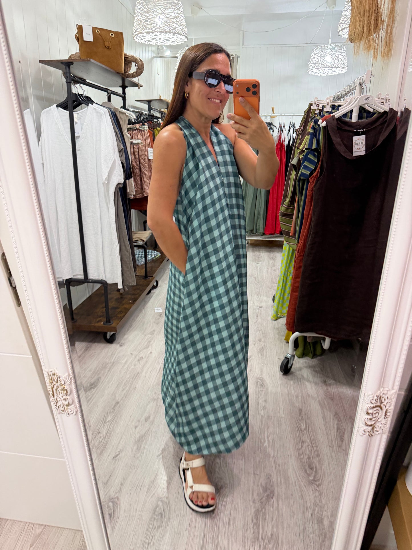 Vestido Vichy contrastes mint y petróleo