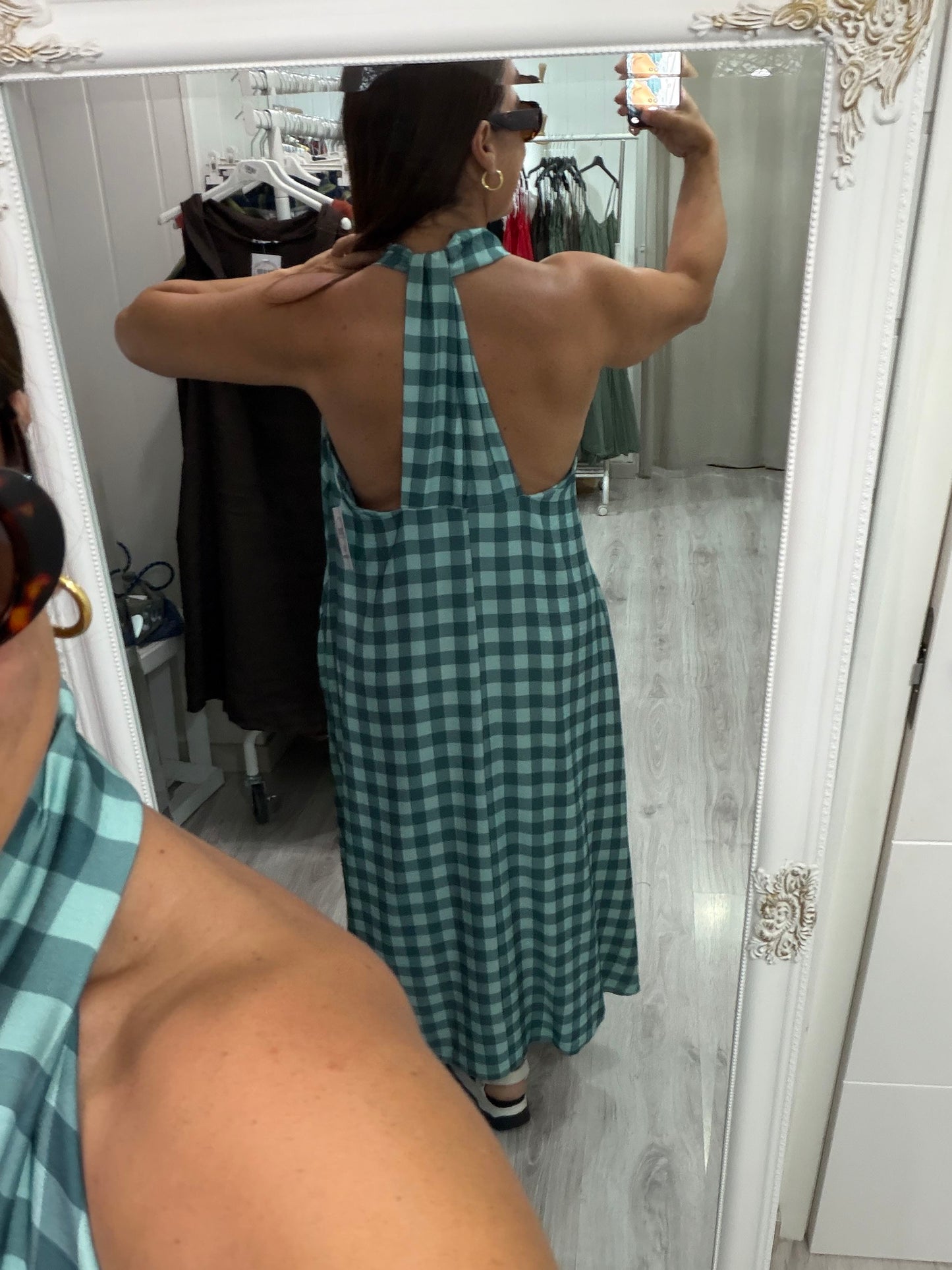 Vestido Vichy contrastes mint y petróleo