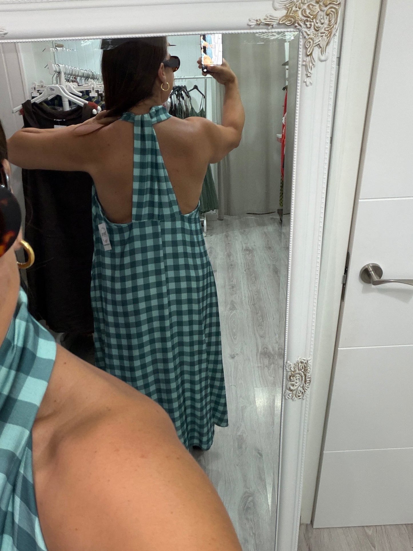 Vestido Vichy contrastes mint y petróleo