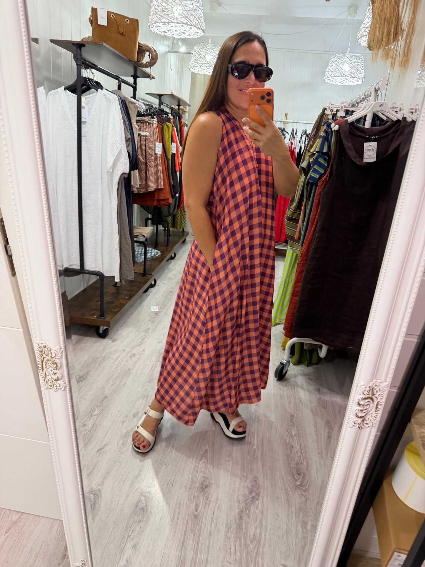 Vestido Vichy contrastes salmón y morado