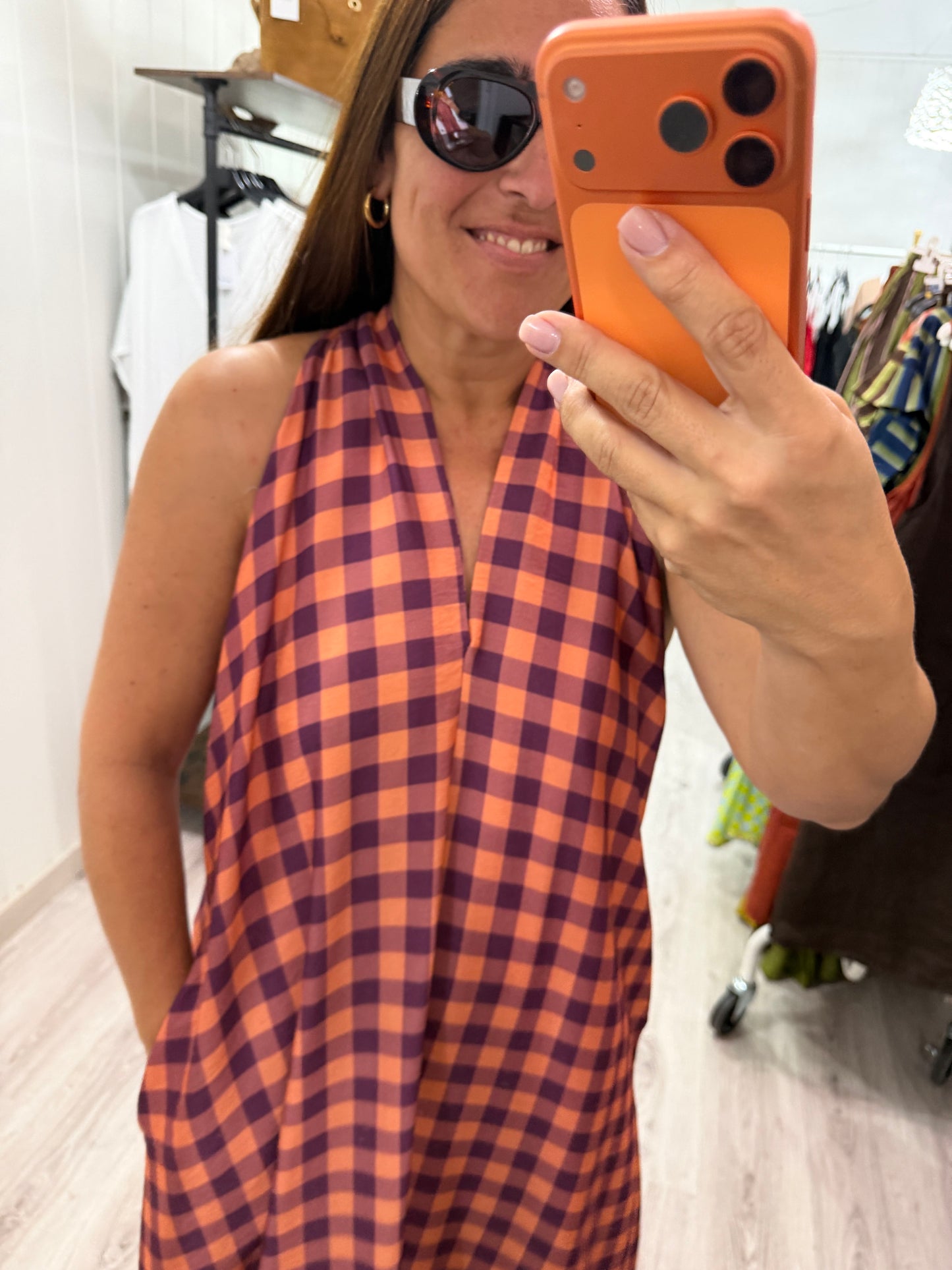Vestido Vichy contrastes salmón y morado