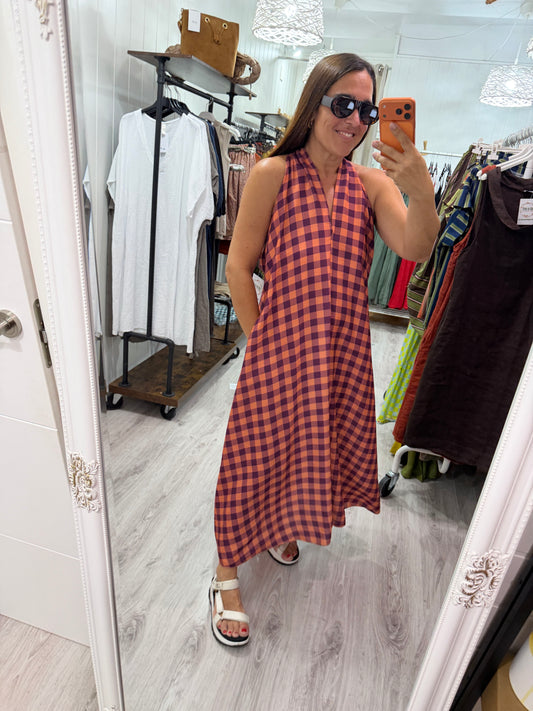 Vestido Vichy contrastes salmón y morado