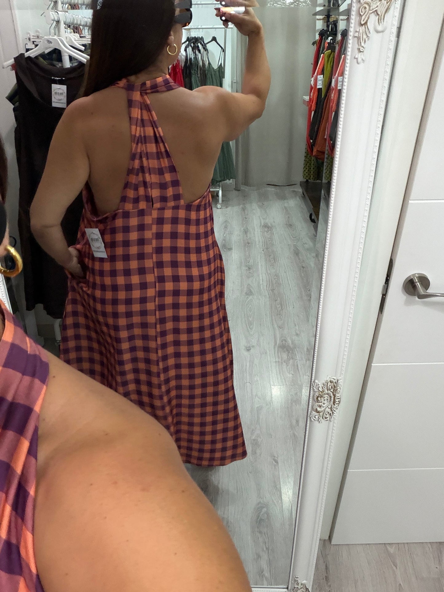 Vestido Vichy contrastes salmón y morado