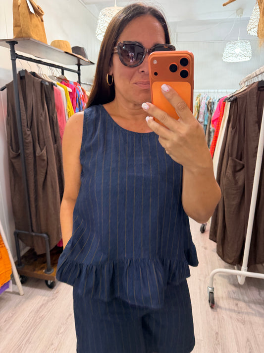 Blusa Jeans volante rayas chocolate