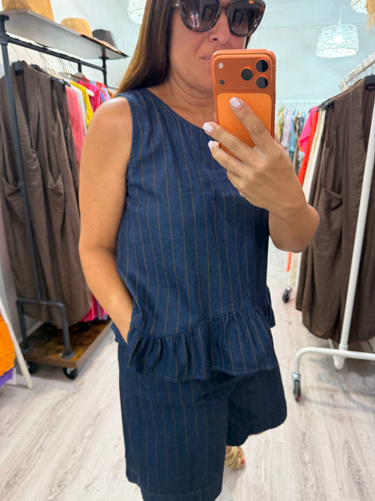 Blusa Jeans volante rayas chocolate