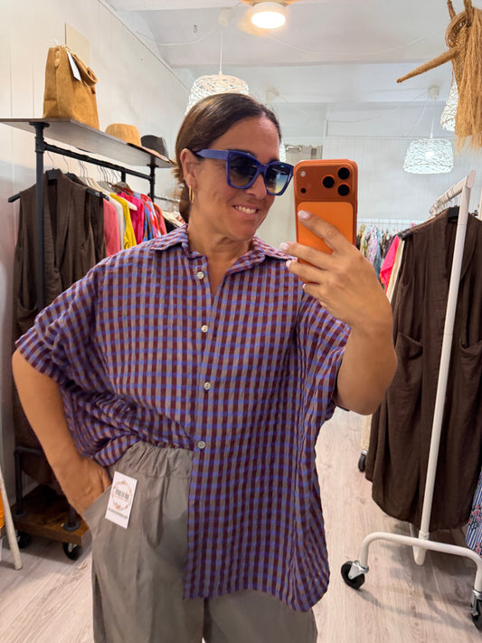 Blusón Oversize vichy burdeos, azul y taupe