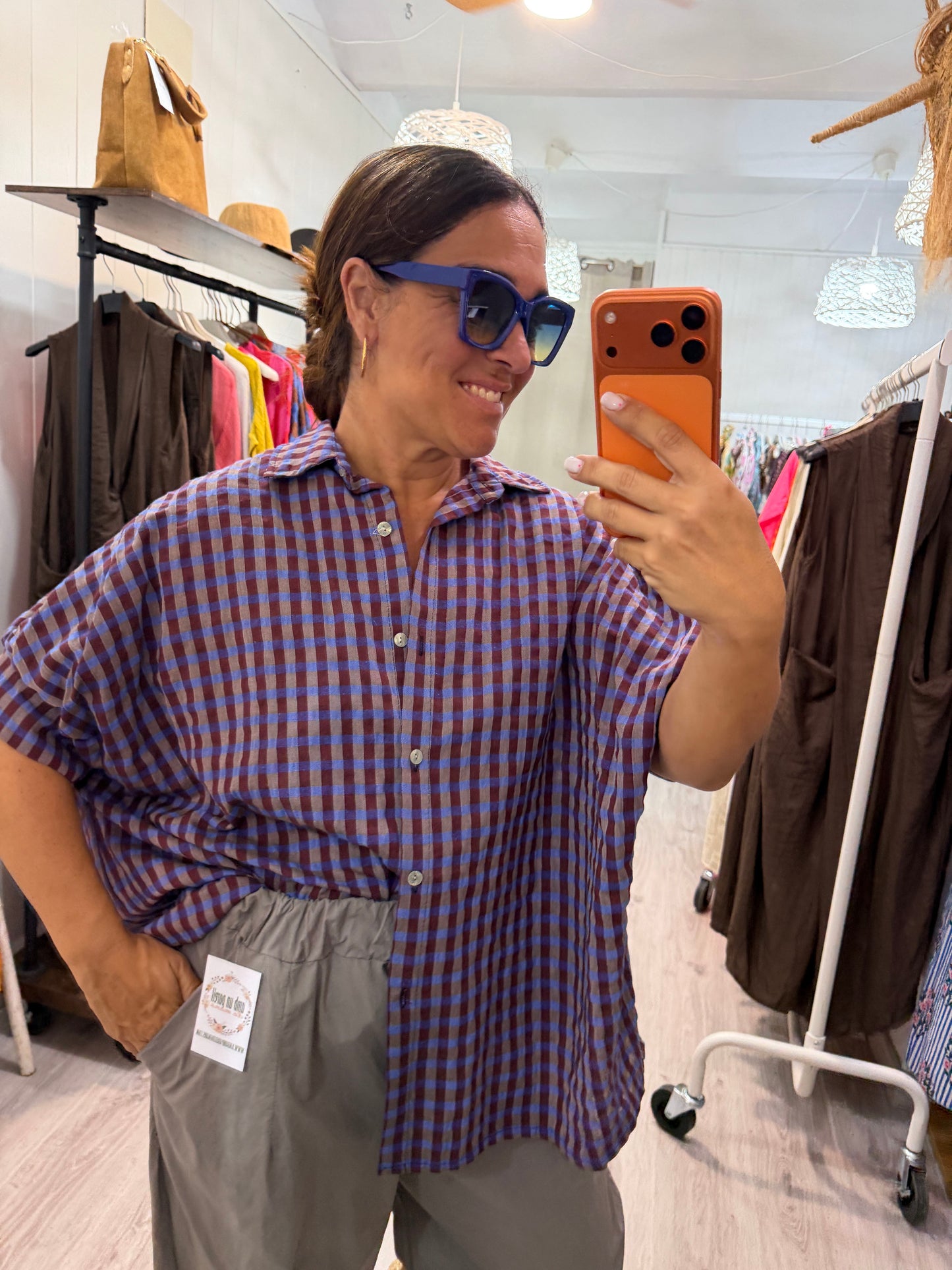 Blusón Oversize vichy burdeos, azul y taupe