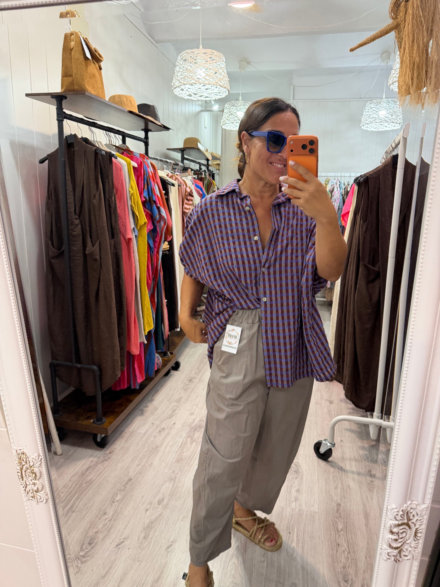 Blusón Oversize vichy burdeos, azul y taupe