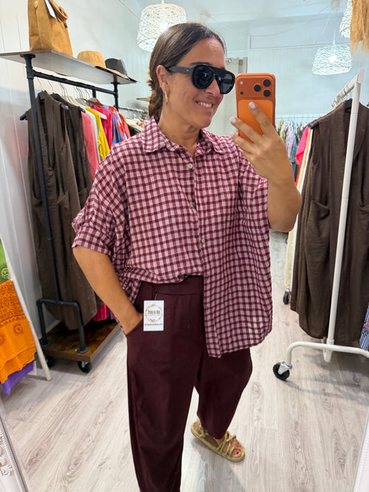 Blusón Oversize vichy burdeos y rosa