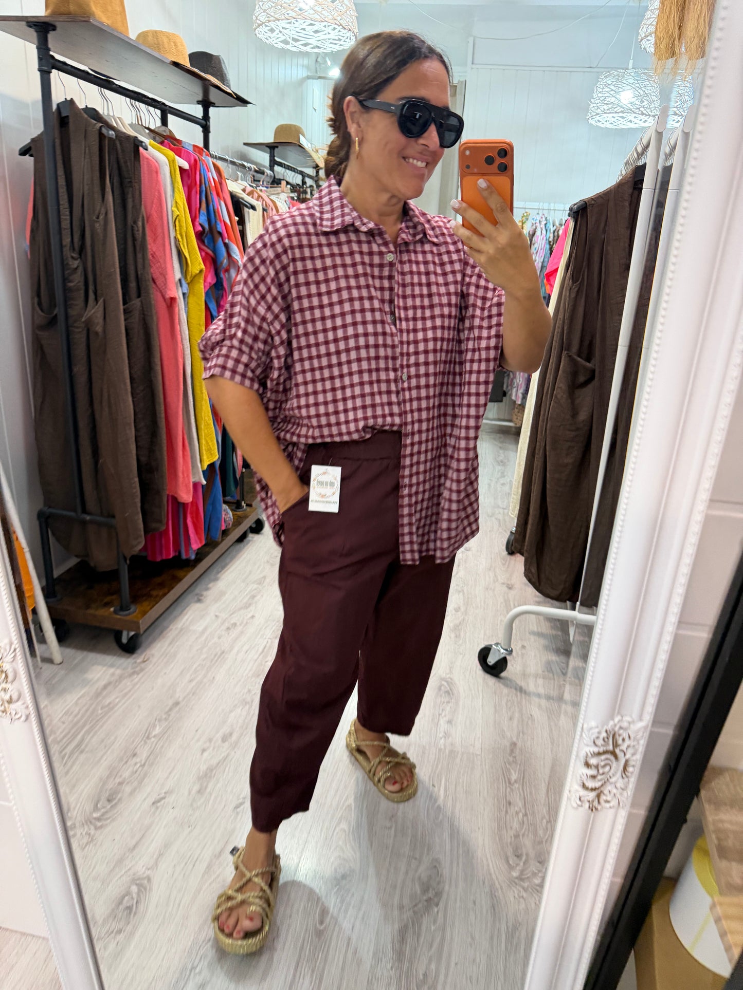 Blusón Oversize vichy burdeos y rosa