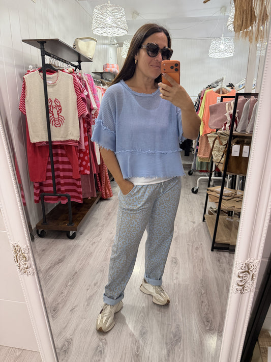 Camiseta Rejilla doble azul cielo · incluye básica tirantes blanca