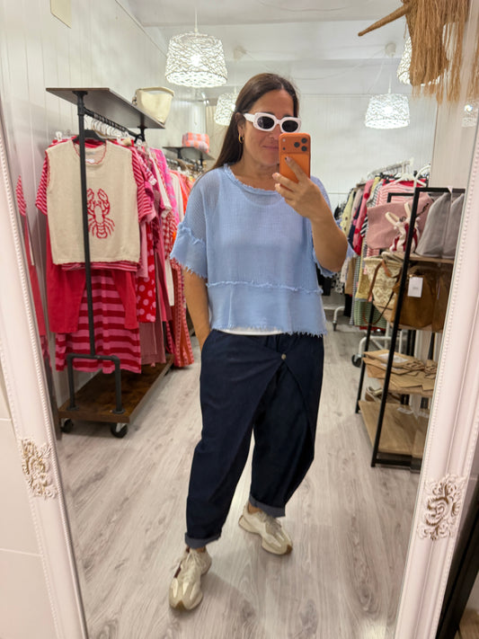 Camiseta Rejilla doble azul cielo · incluye básica tirantes blanca