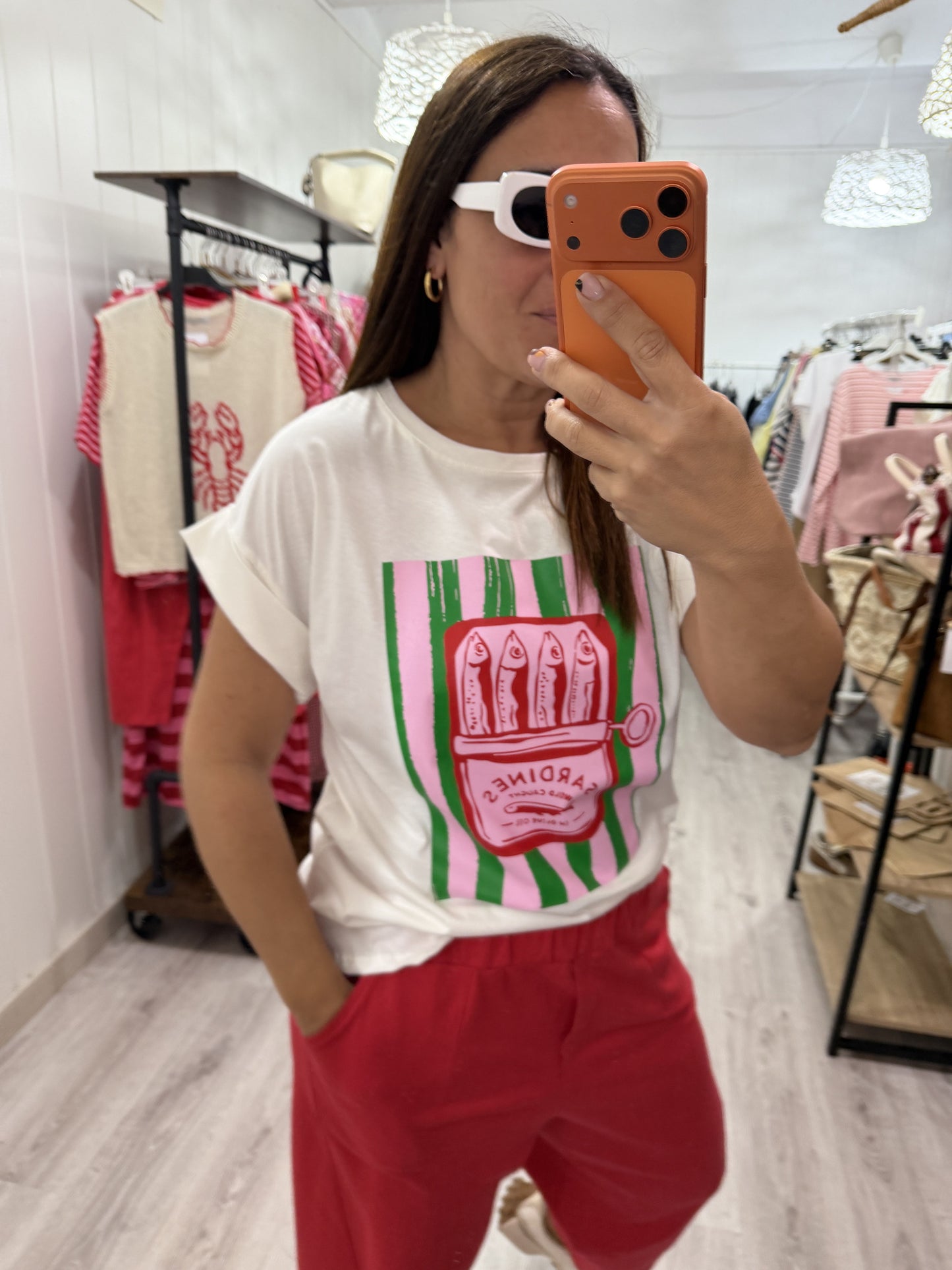 Camiseta Sardines rayas verde y rosa