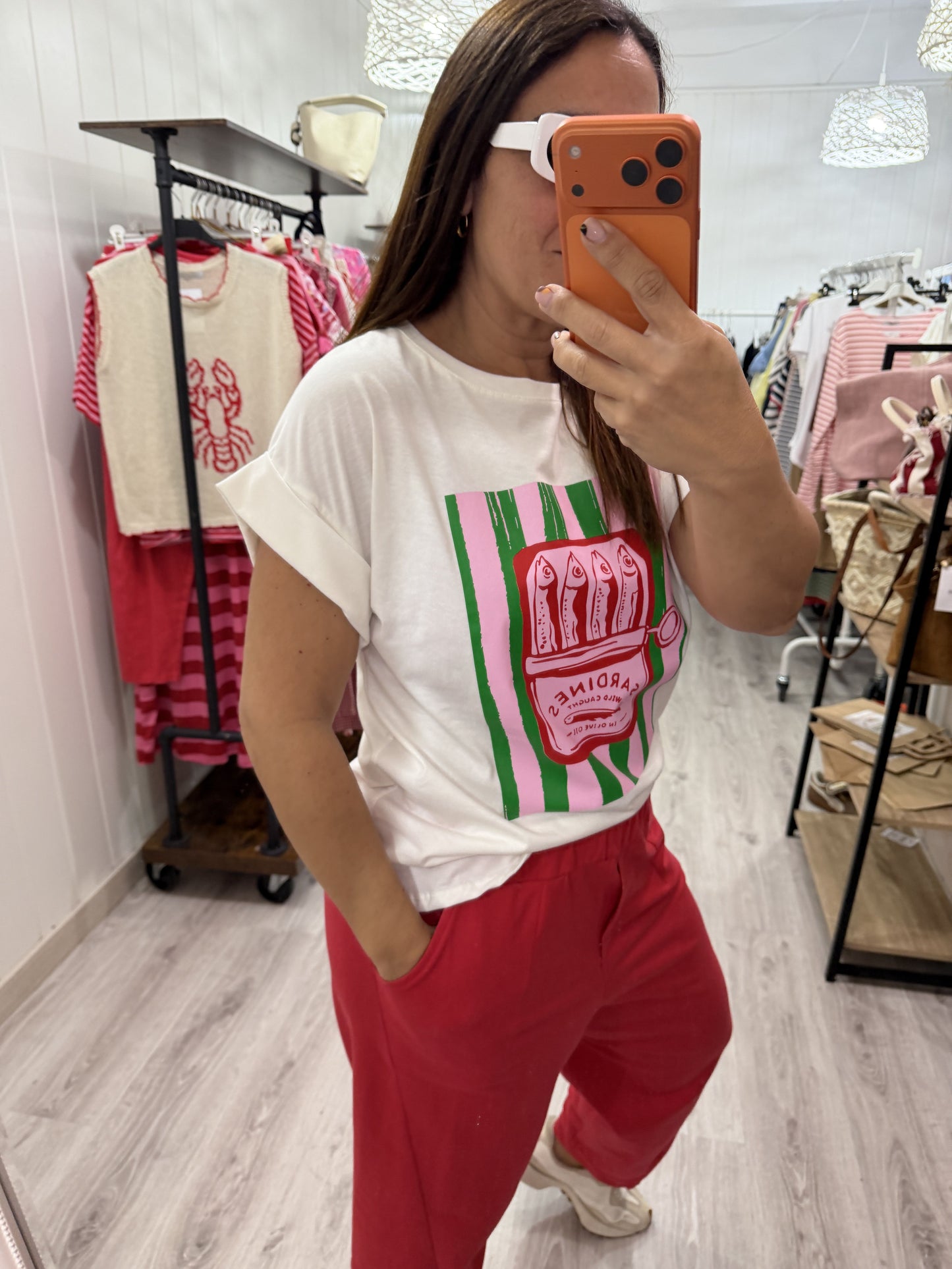 Camiseta Sardines rayas verde y rosa