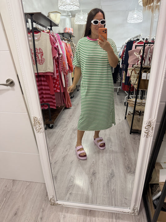 Vestido Funchal rayas verde y fucsia