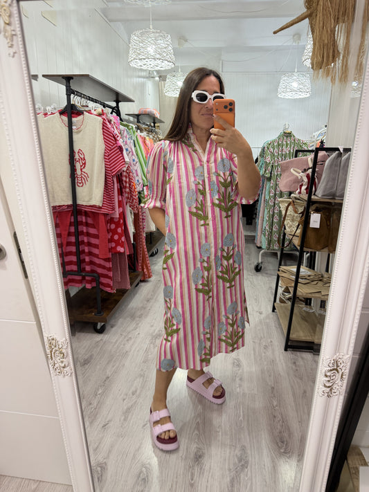Vestido Sira largo · Fucsia blanco camelias
