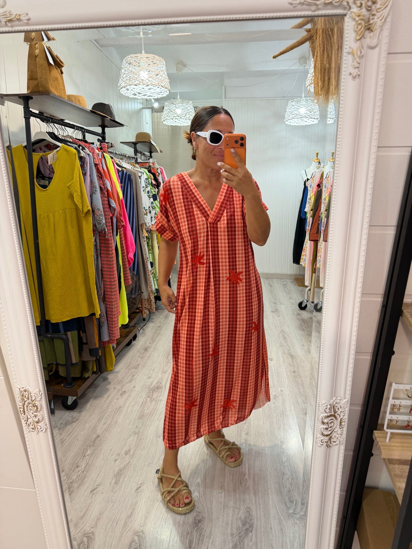 Kaftan Palmeras vichy licra fría coral y rojo