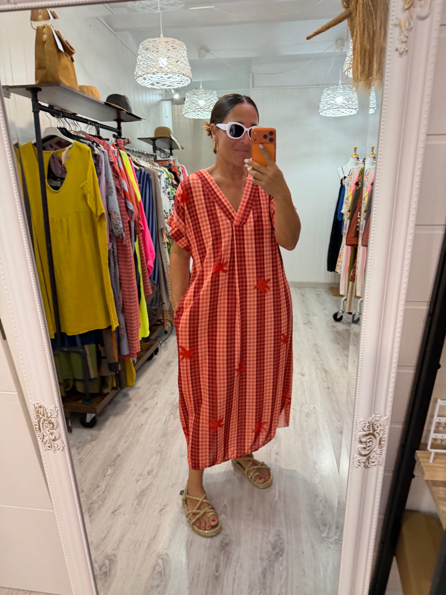 Kaftan Palmeras vichy licra fría coral y rojo