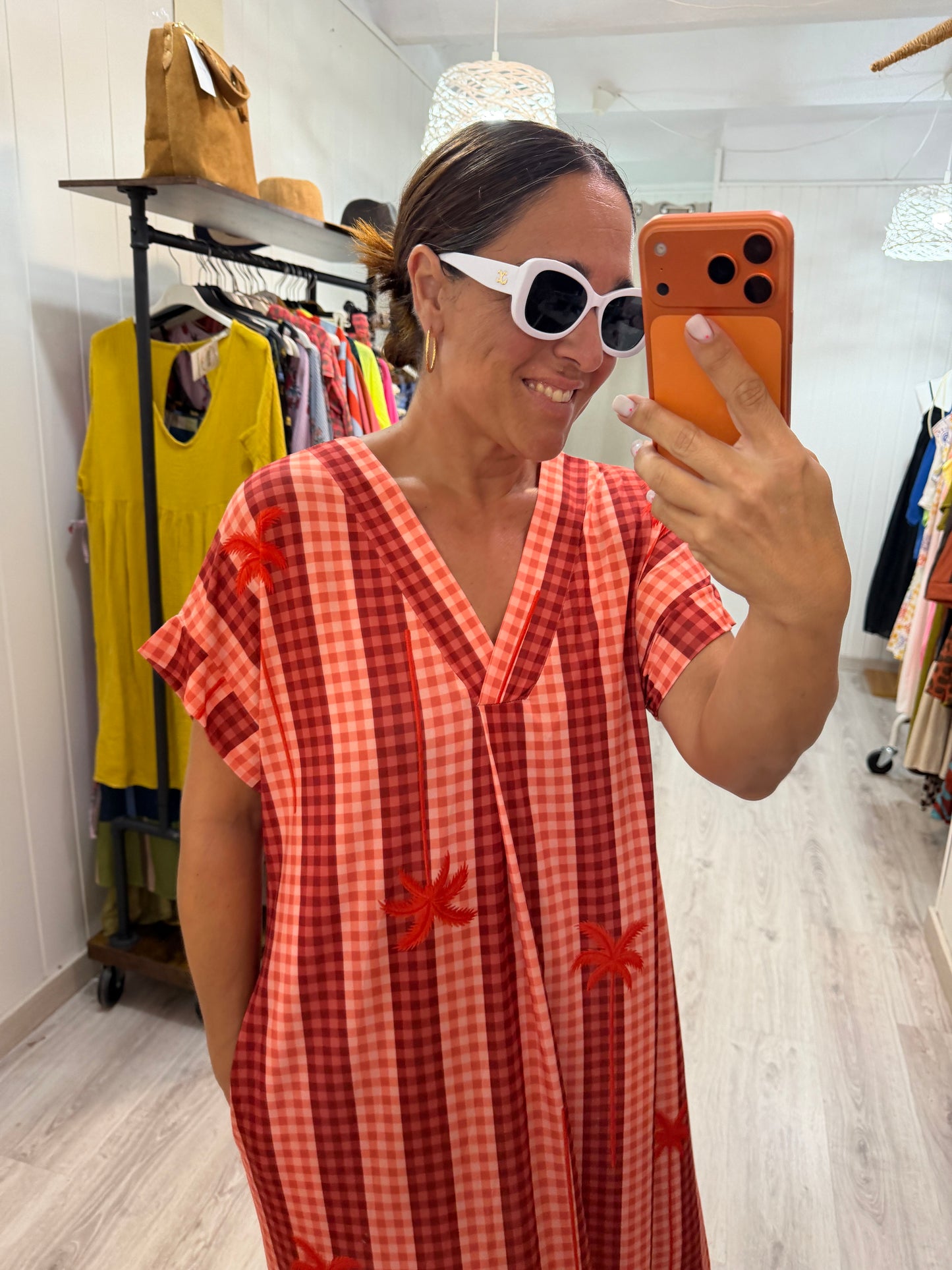 Kaftan Palmeras vichy licra fría coral y rojo