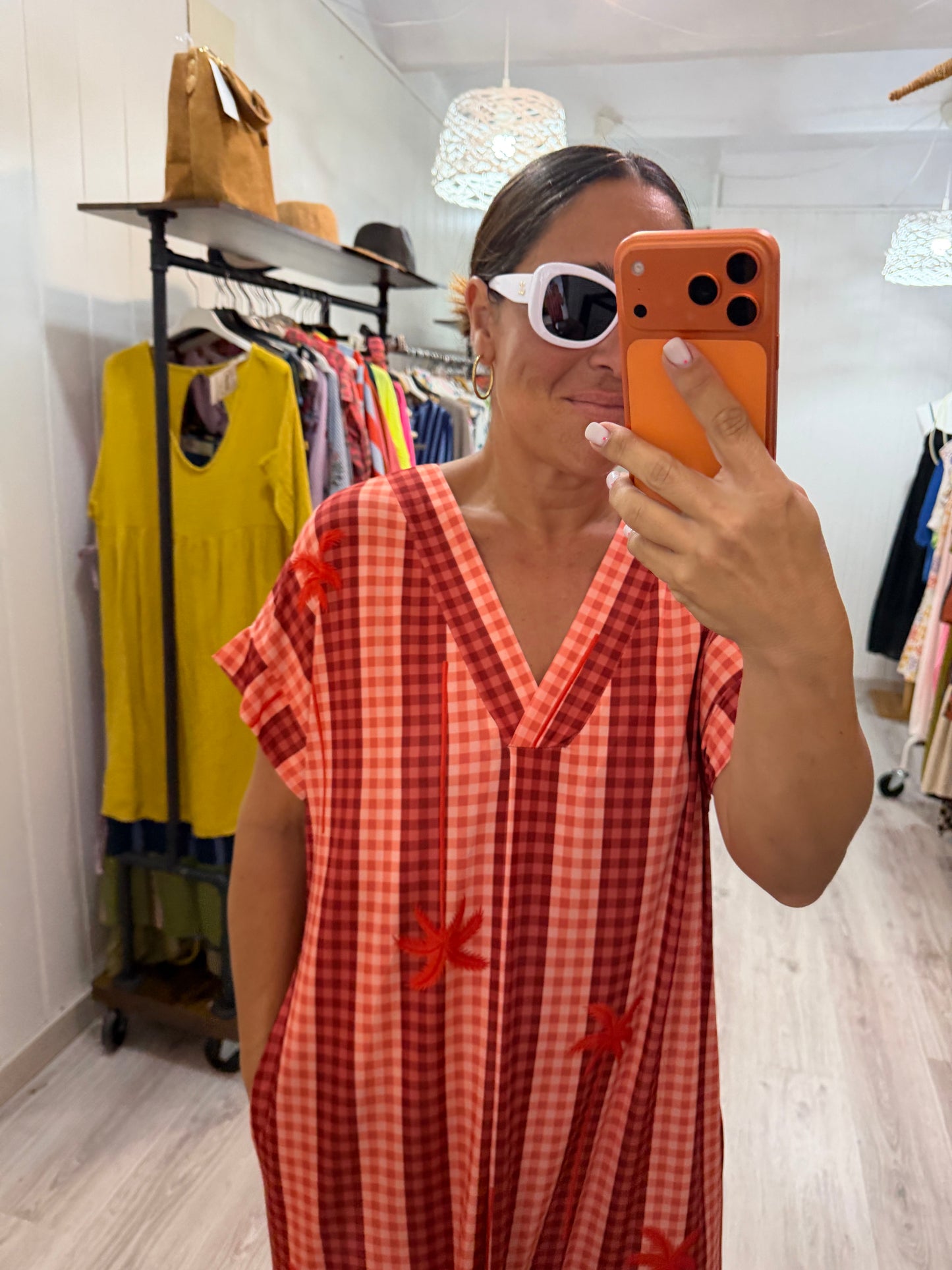 Kaftan Palmeras vichy licra fría coral y rojo