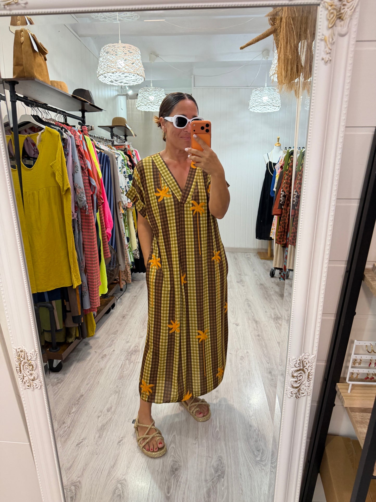 Kaftan Palmeras vichy licra fría chocolate y pistacho