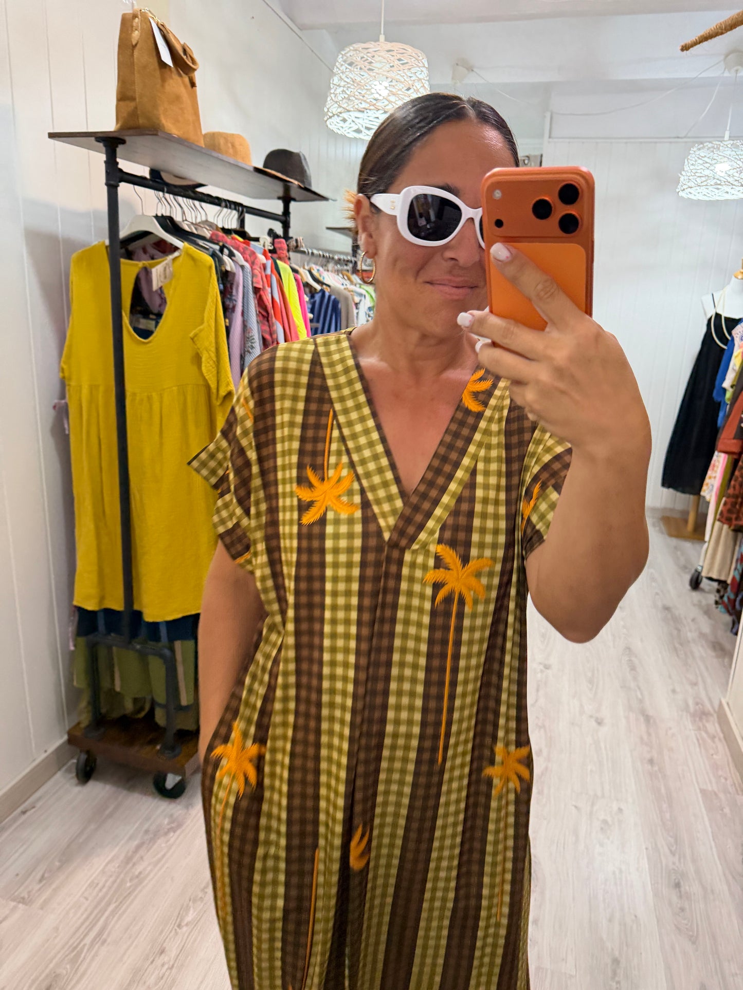 Kaftan Palmeras vichy licra fría chocolate y pistacho