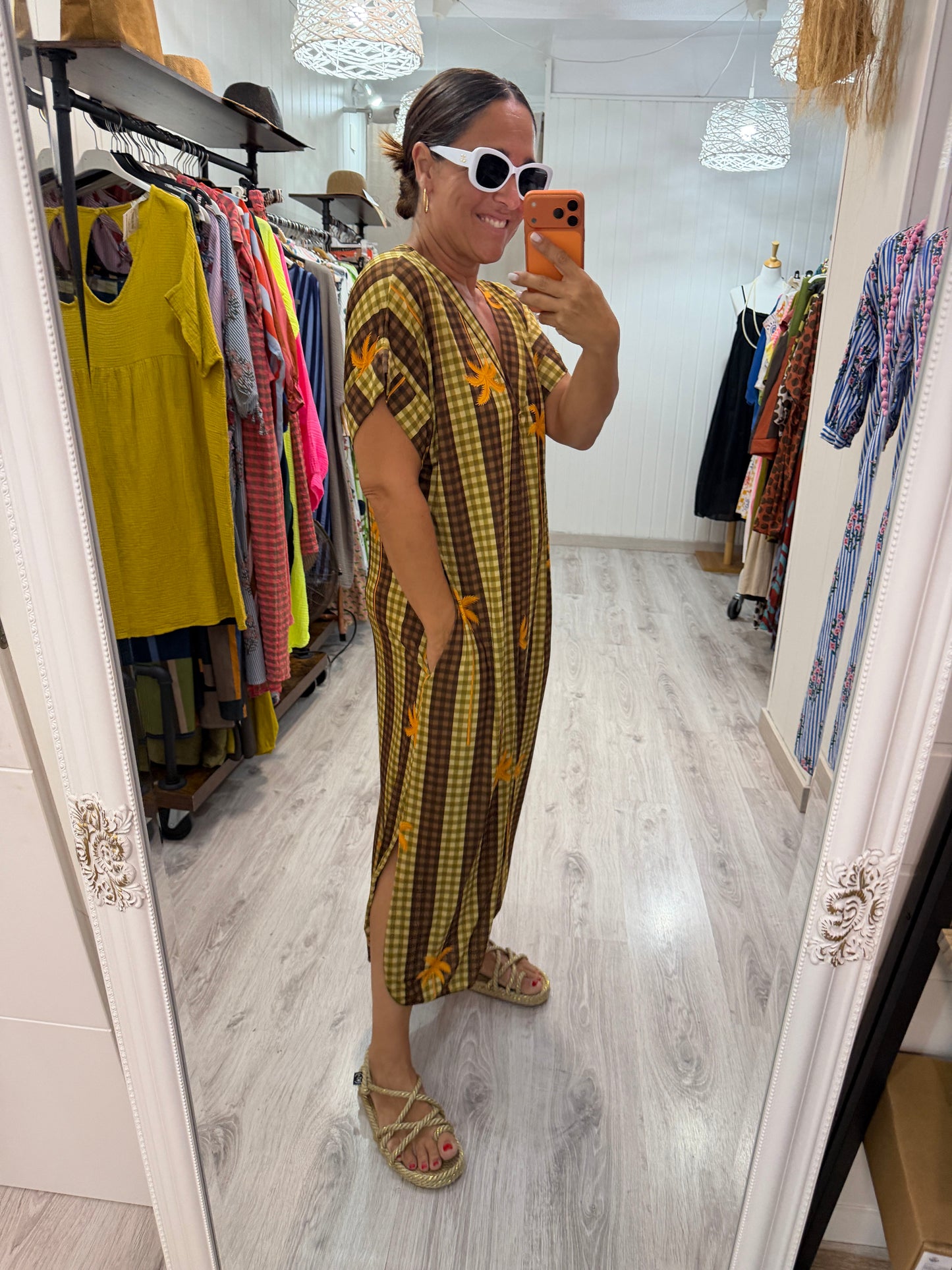 Kaftan Palmeras vichy licra fría chocolate y pistacho