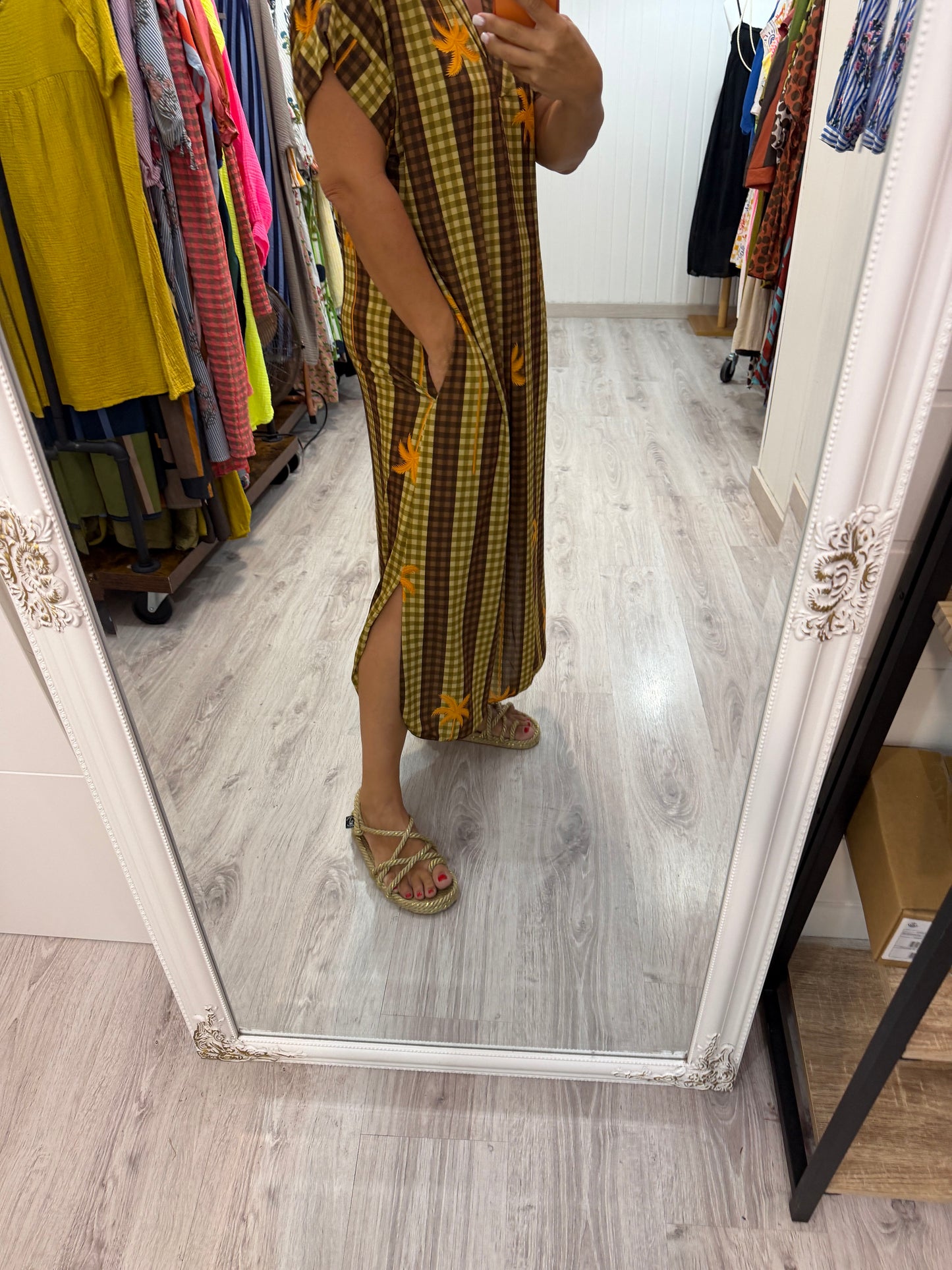 Kaftan Palmeras vichy licra fría chocolate y pistacho