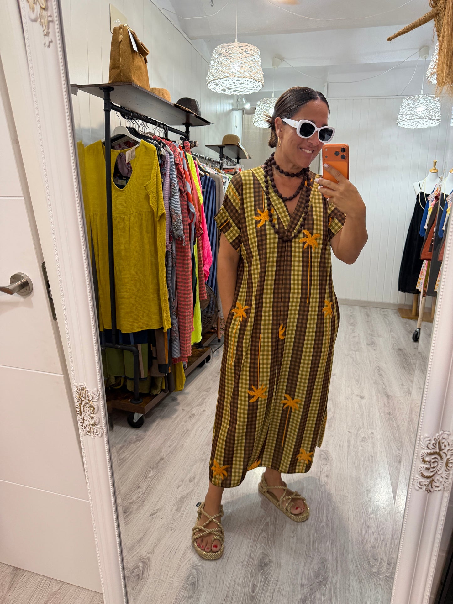 Kaftan Palmeras vichy licra fría chocolate y pistacho
