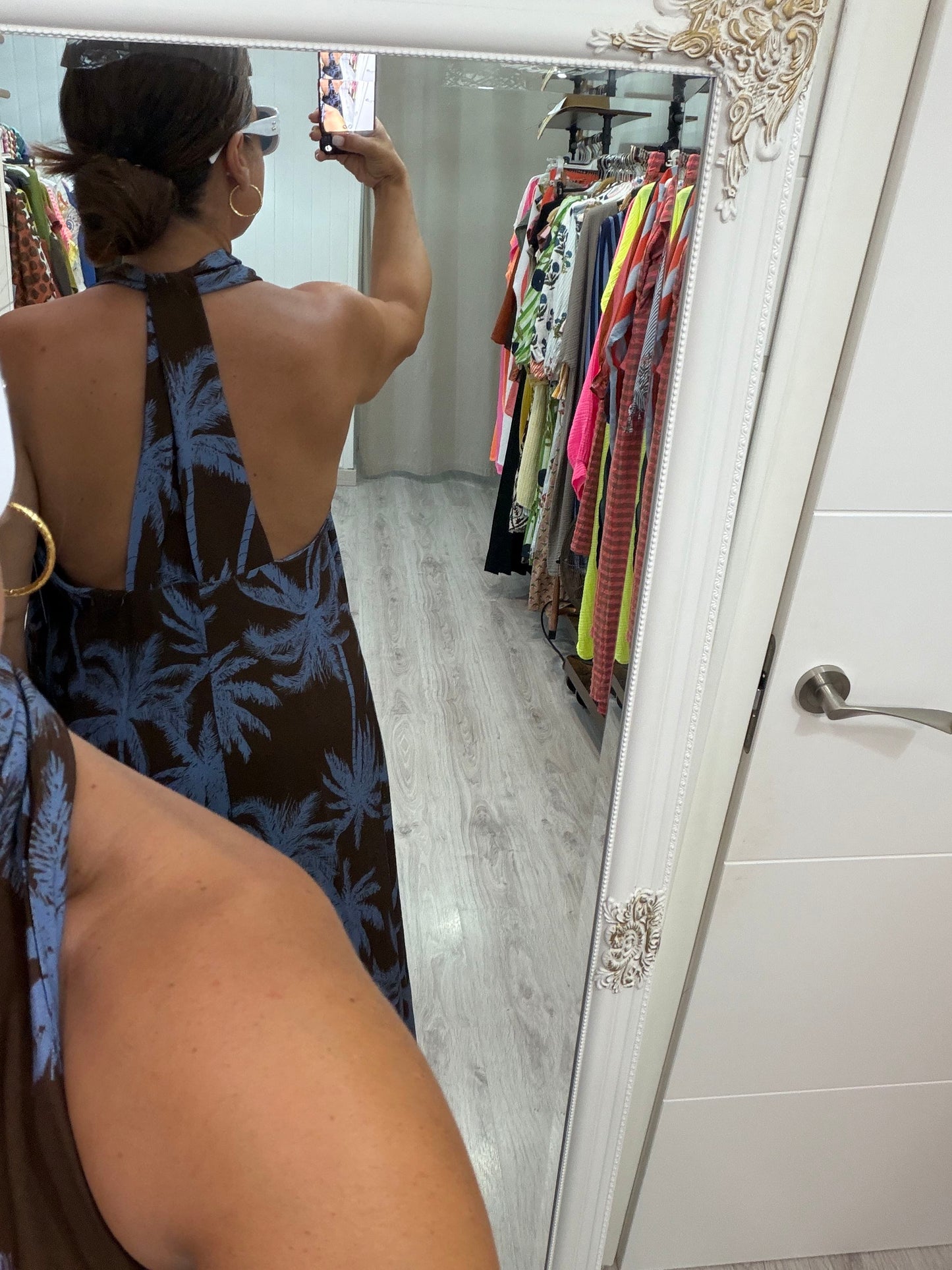 Vestido Palmira espalda chocolate y azul