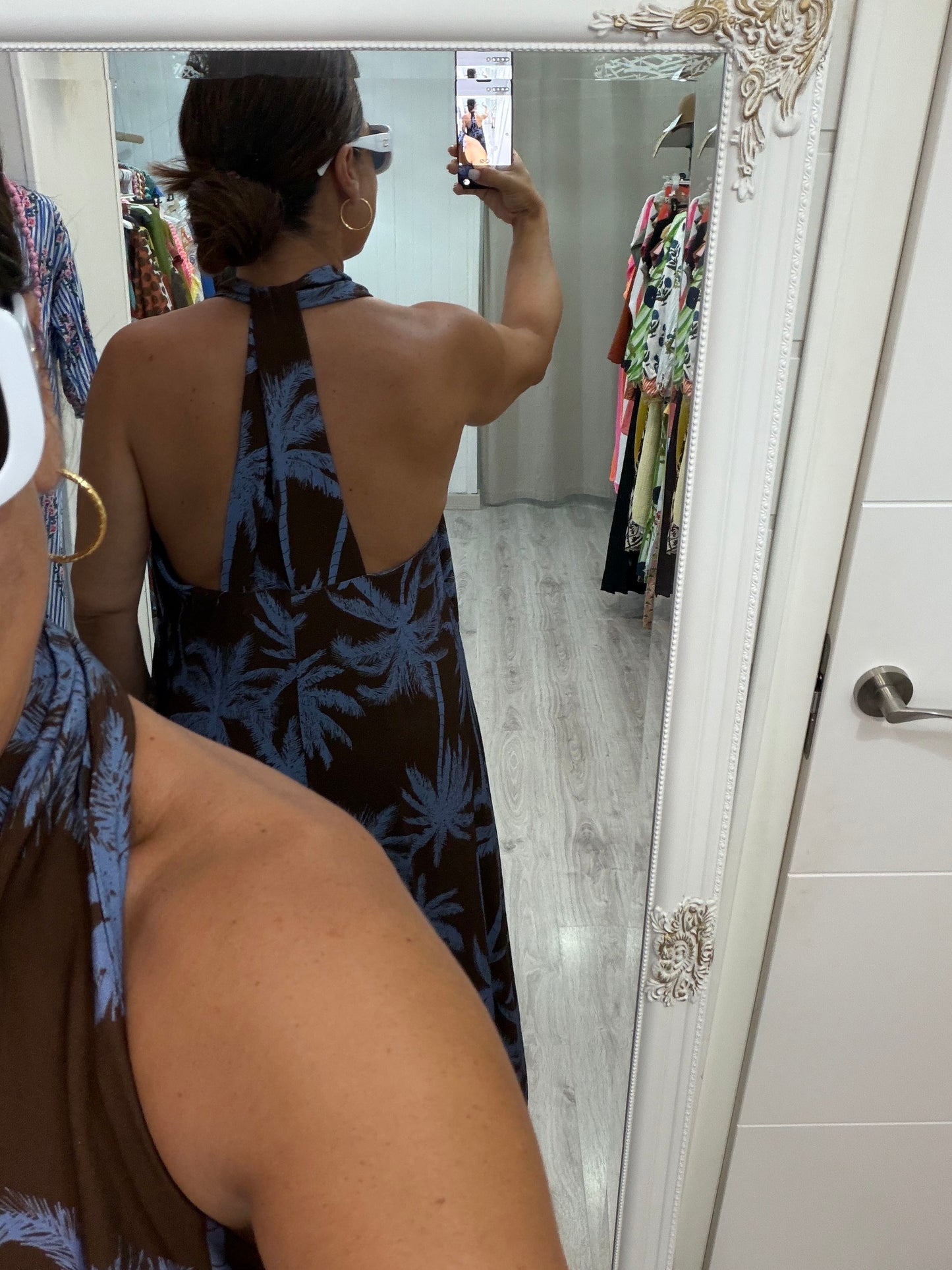 Vestido Palmira espalda chocolate y azul